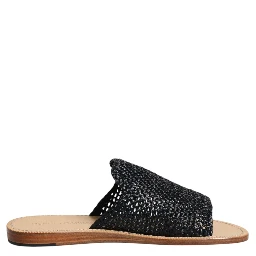 Black Monochrome Braided Raffia Slides Shoes