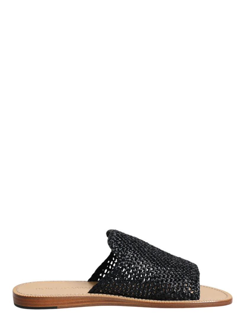 Black Monochrome Braided Raffia Slides Shoes