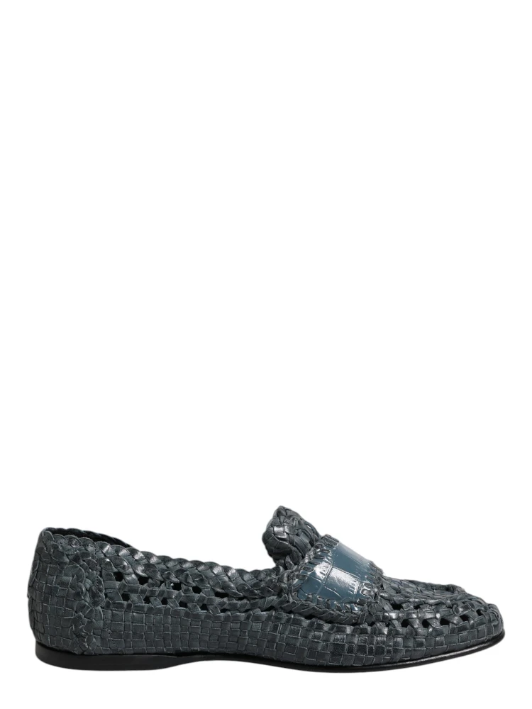 Blue Woven Leather Slip On Loafers Shoes