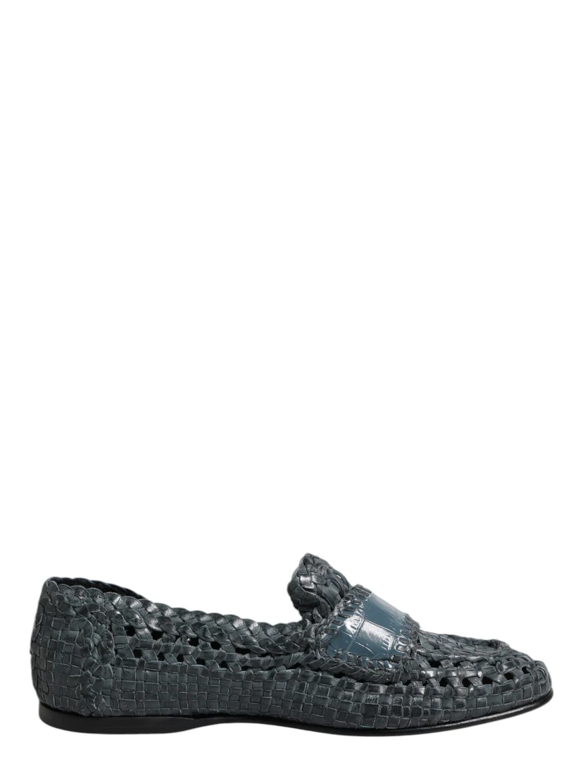 Blue Woven Leather Slip On Loafers Shoes