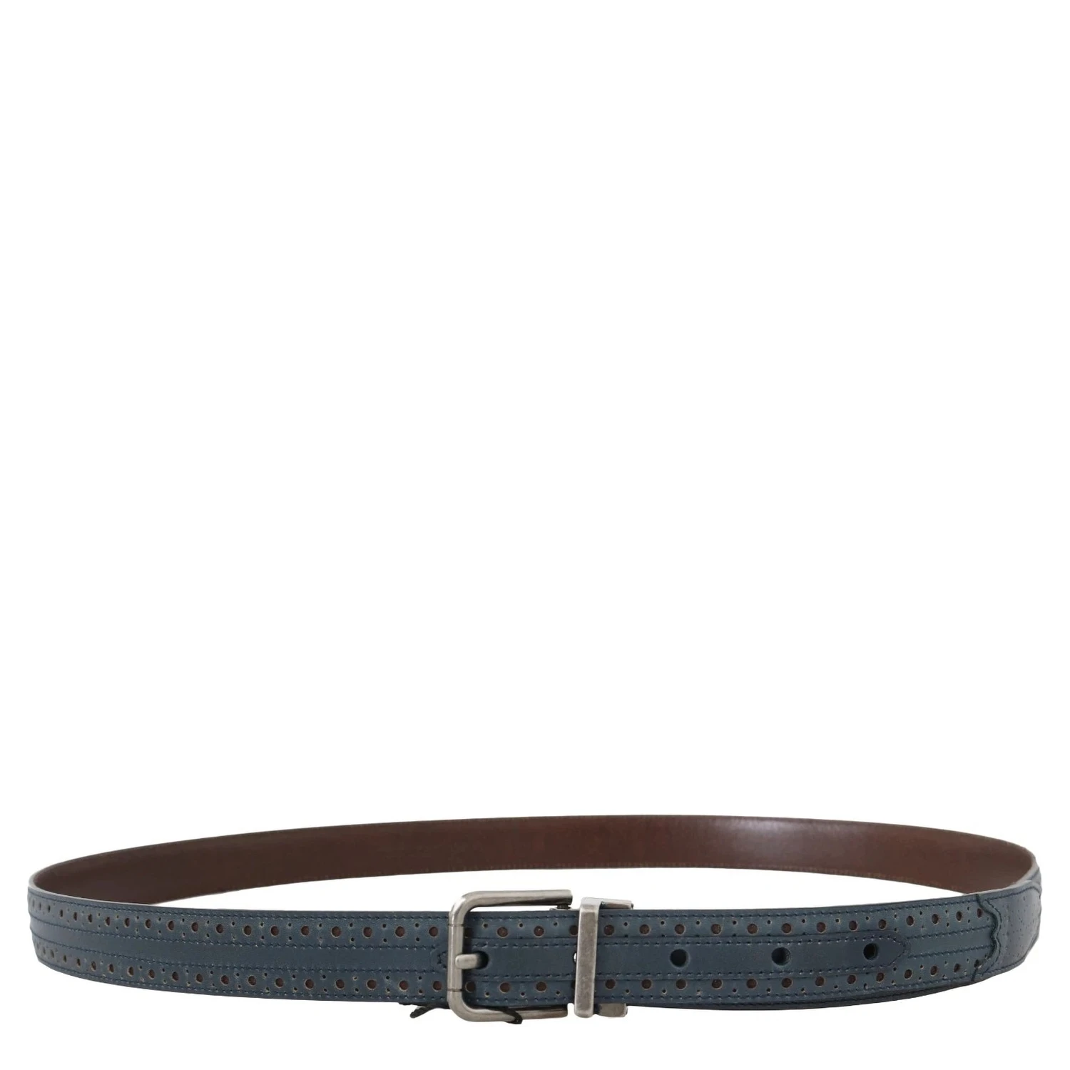Blue Perforated Leather Gray Buckle Belt
