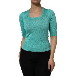 Aqua Blue Silk Short Sleeves Square Neck Top
