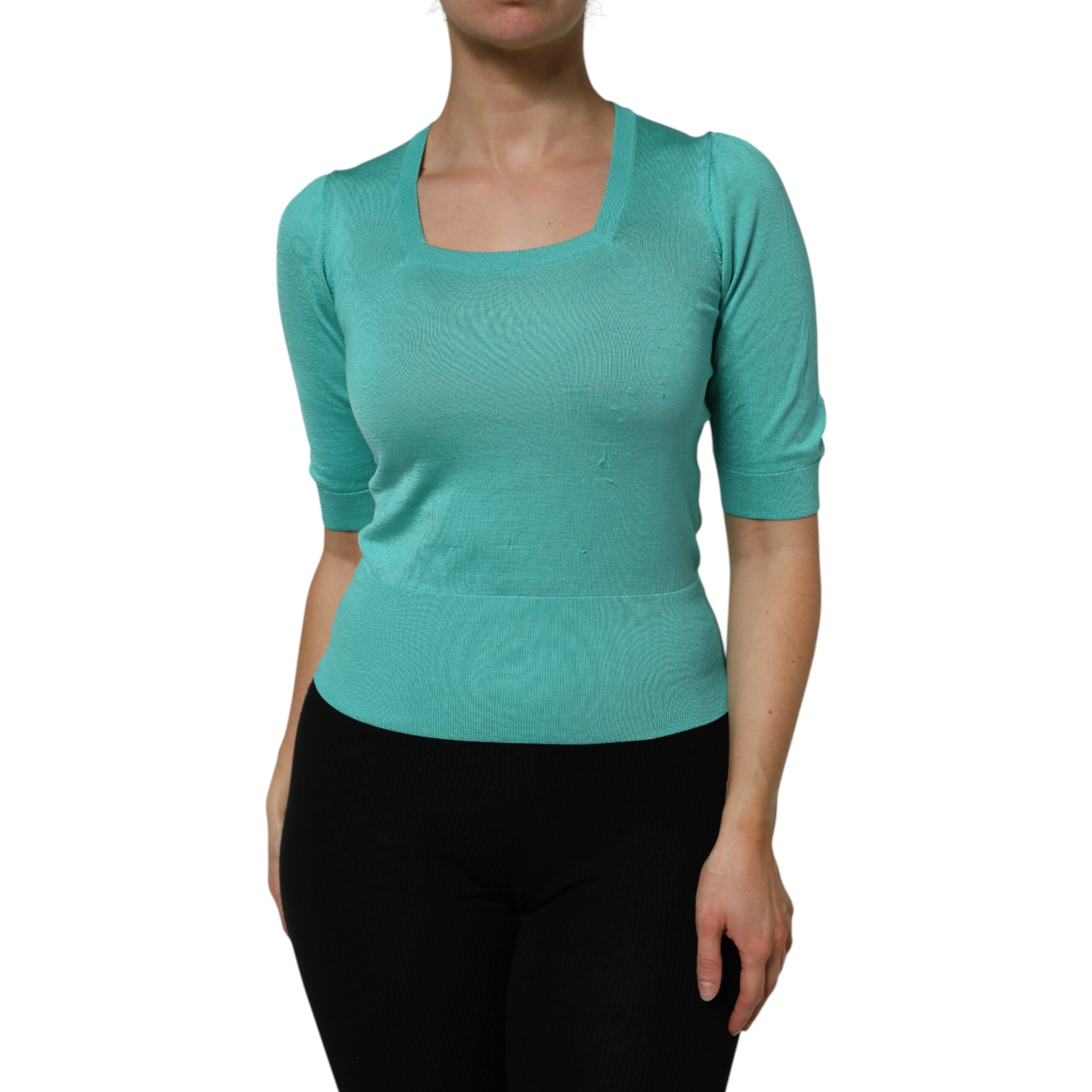 Aqua Blue Silk Short Sleeves Square Neck Top
