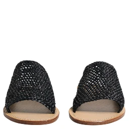 Black Monochrome Braided Raffia Slides Shoes