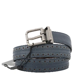 Blue Perforated Leather Gray Buckle Belt