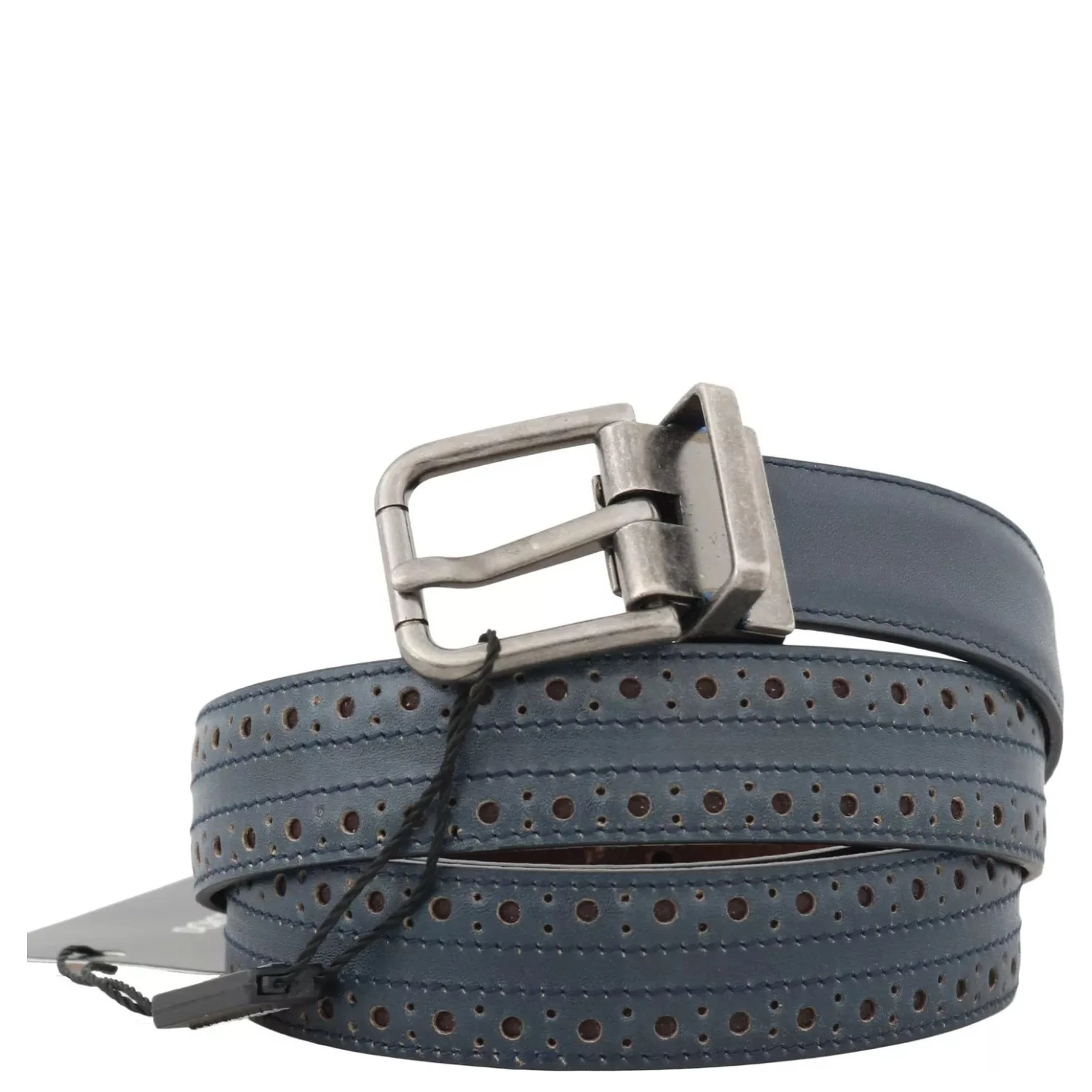 Blue Perforated Leather Gray Buckle Belt