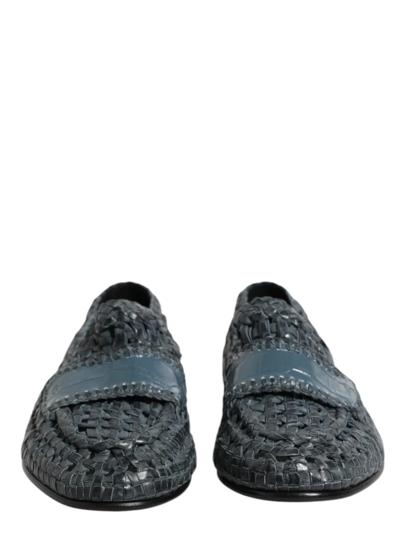 Blue Woven Leather Slip On Loafers Shoes