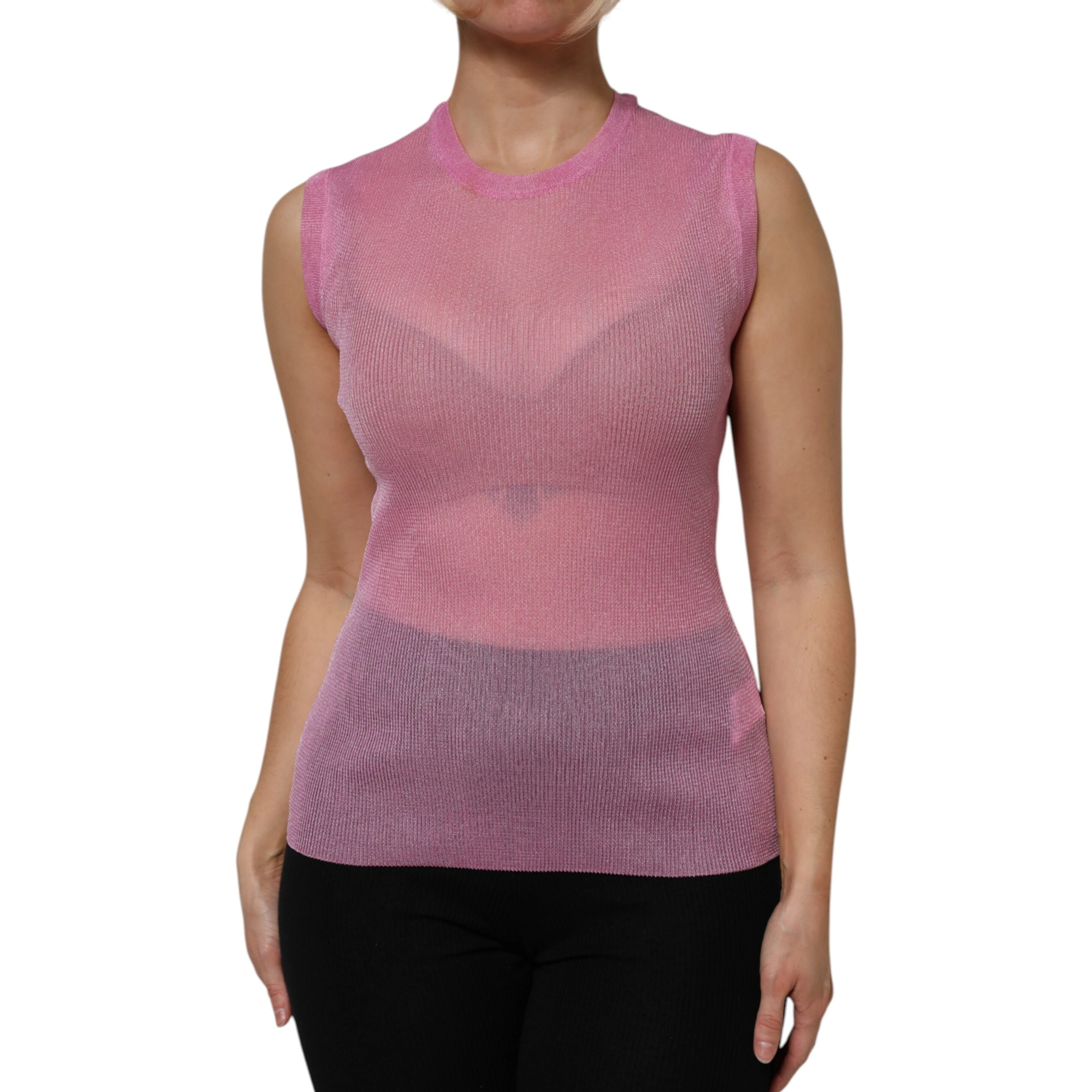 Pink Polyester Sleeveless Round Neck Tank Top