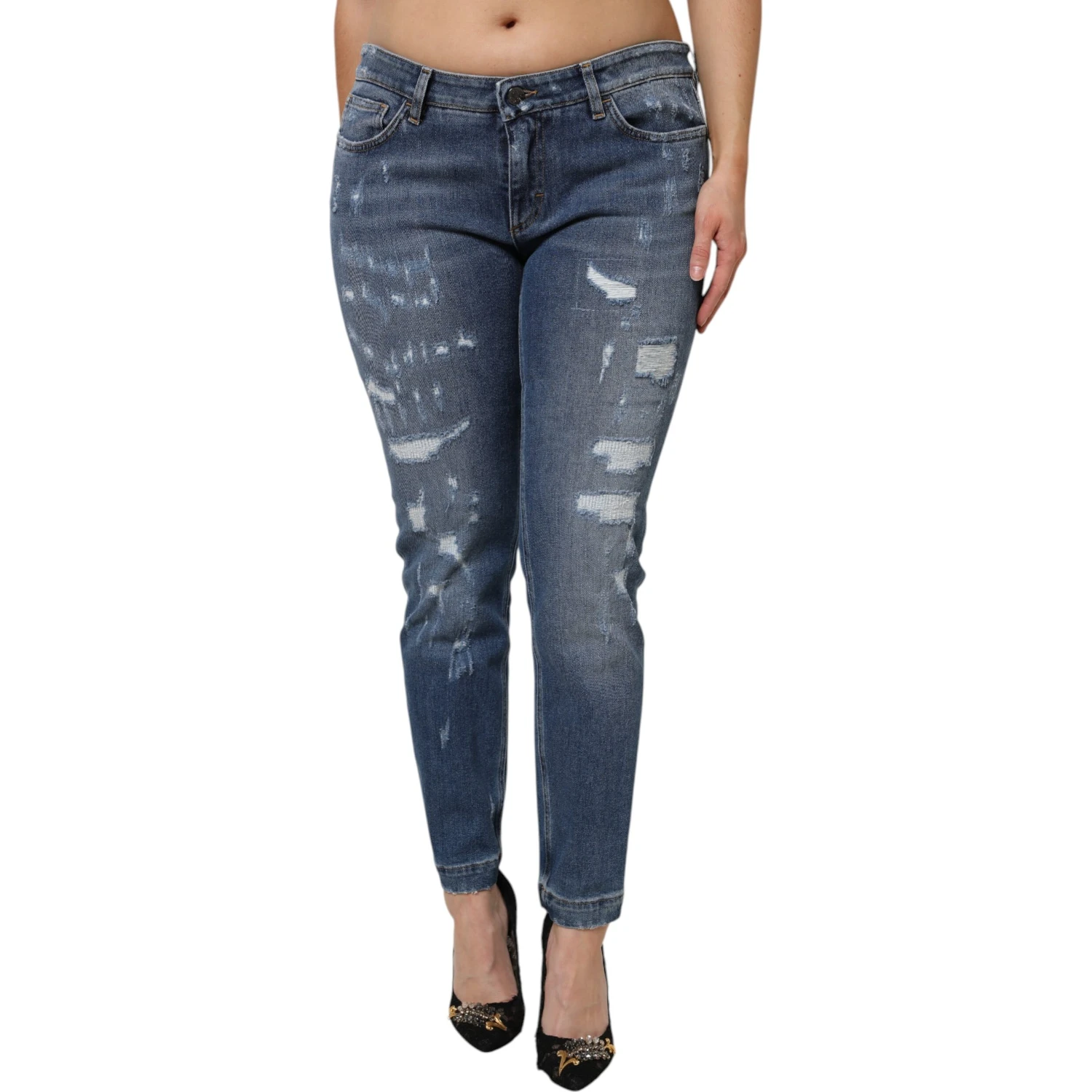 Blue Tattered Cotton Low Waist Denim Jeans