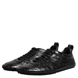 Black Exotic Leather Low Top Sneakers Shoes