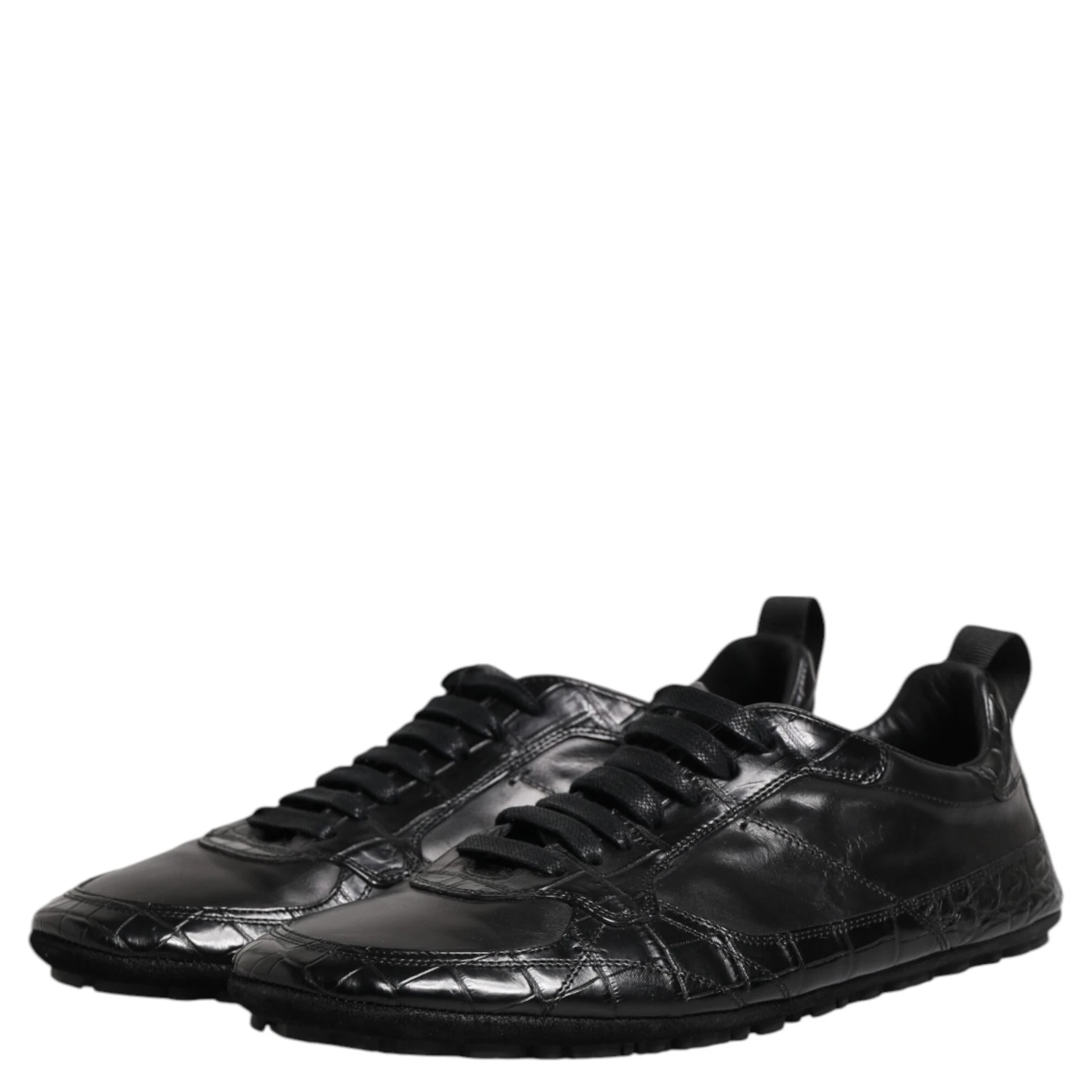 Black Exotic Leather Low Top Sneakers Shoes