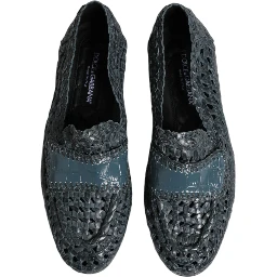 Blue Woven Leather Slip On Loafers Shoes