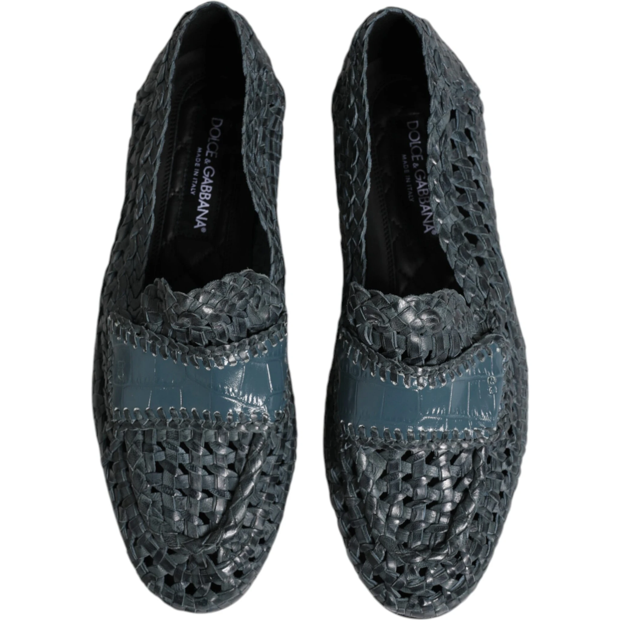 Blue Woven Leather Slip On Loafers Shoes