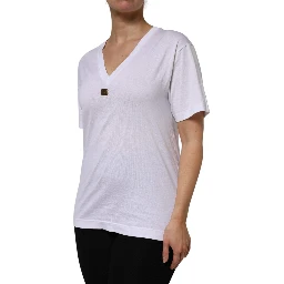 White Cotton Short Sleeve V-Neck Top T-shirt