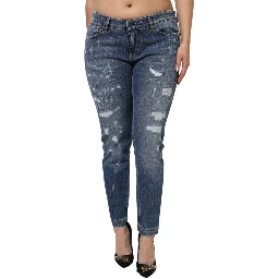 Blue Tattered Cotton Low Waist Denim Jeans