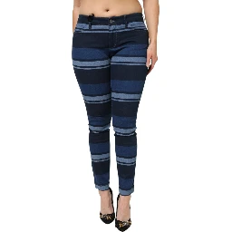 Blue Striped Cotton Stretch Denim Jeans