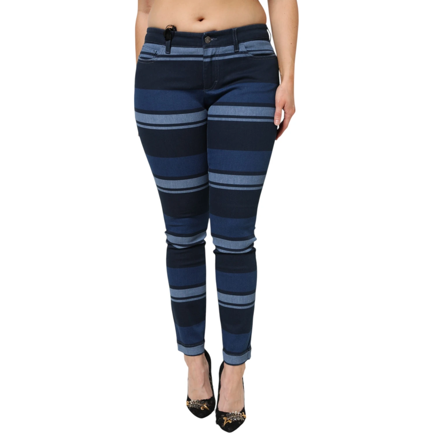 Blue Striped Cotton Stretch Denim Jeans