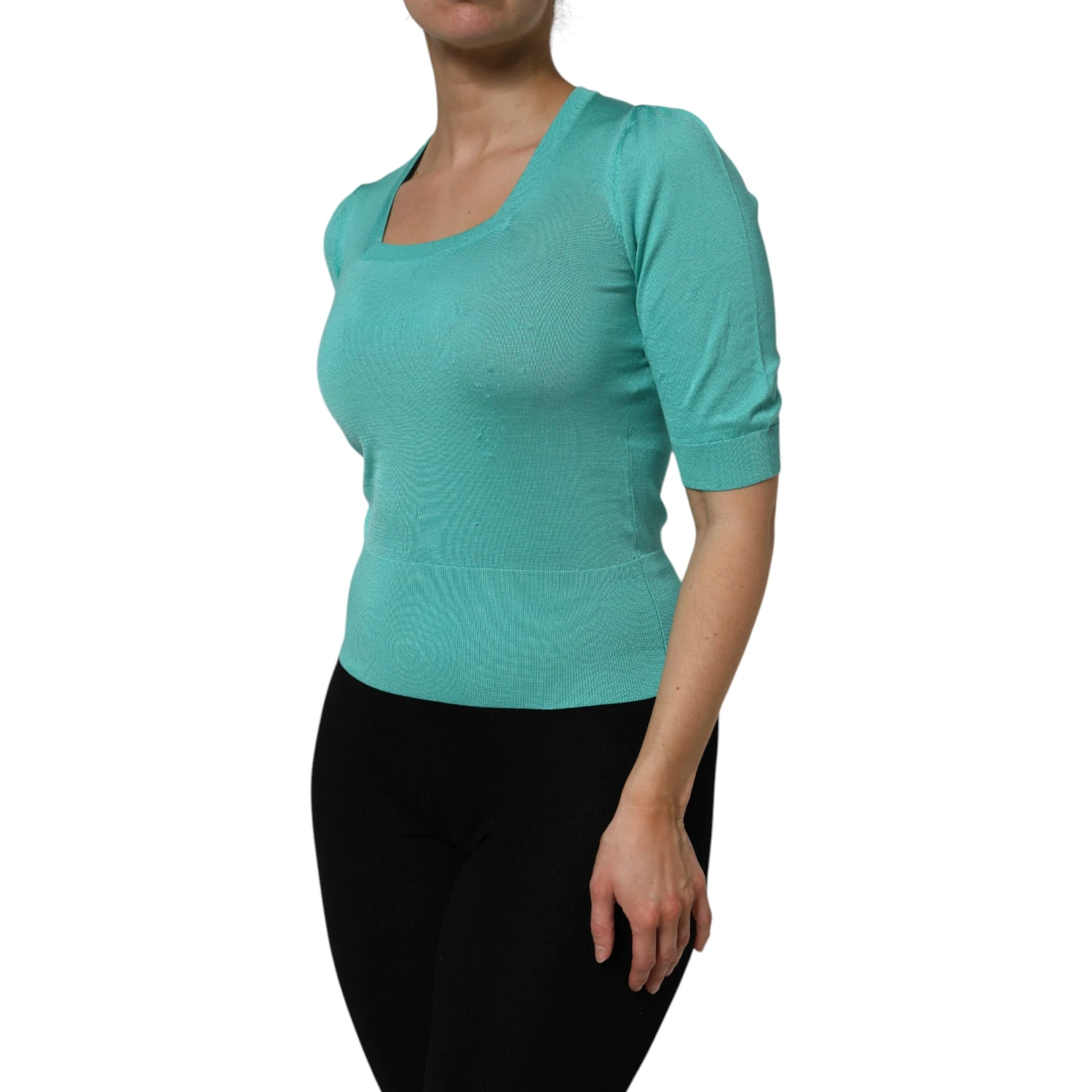 Aqua Blue Silk Short Sleeves Square Neck Top