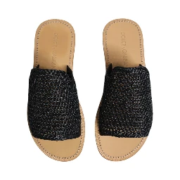 Black Monochrome Braided Raffia Slides Shoes
