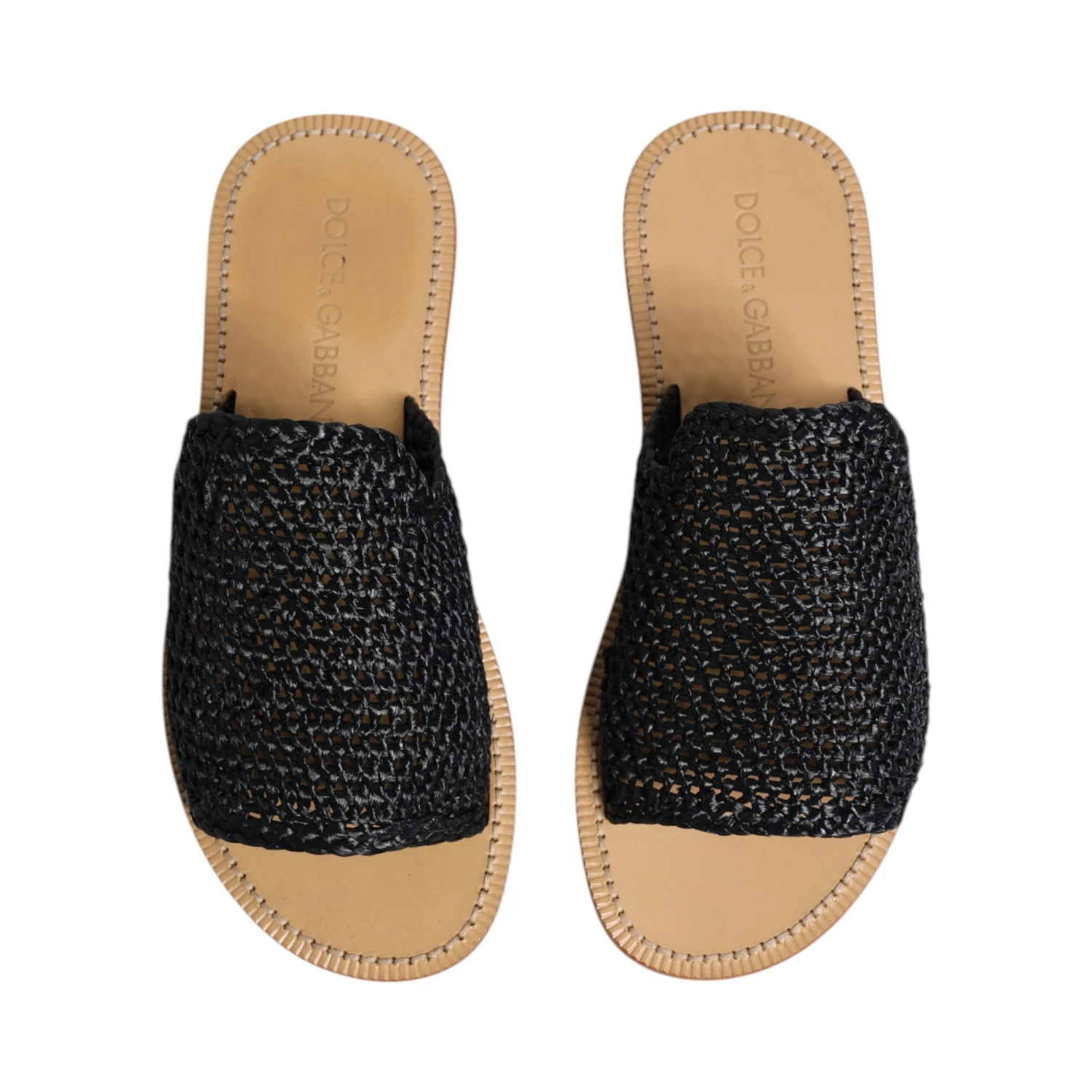 Black Monochrome Braided Raffia Slides Shoes