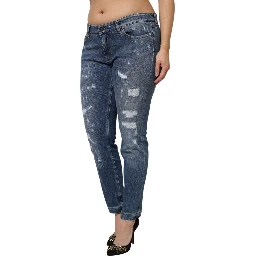 Blue Tattered Cotton Low Waist Denim Jeans