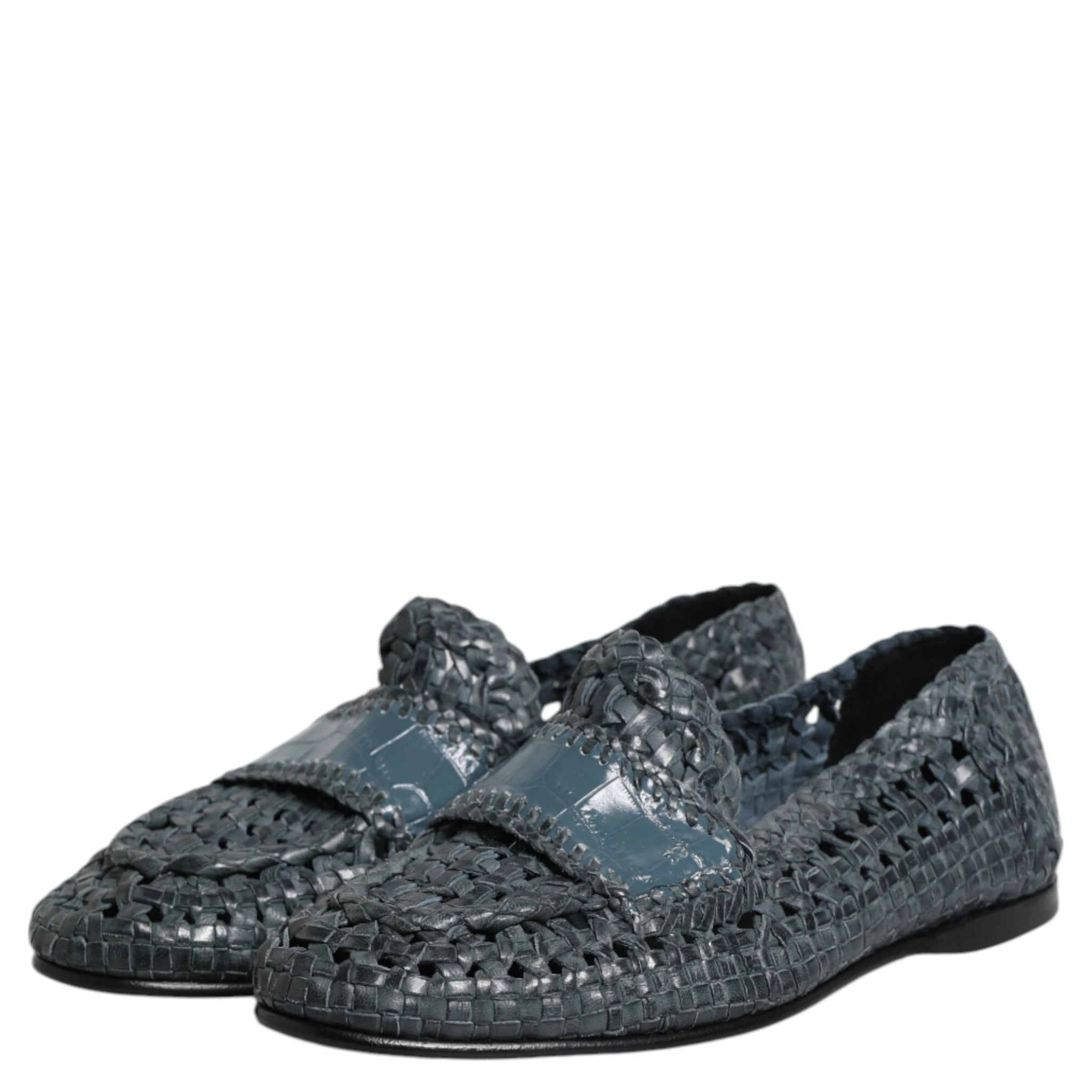 Blue Woven Leather Slip On Loafers Shoes
