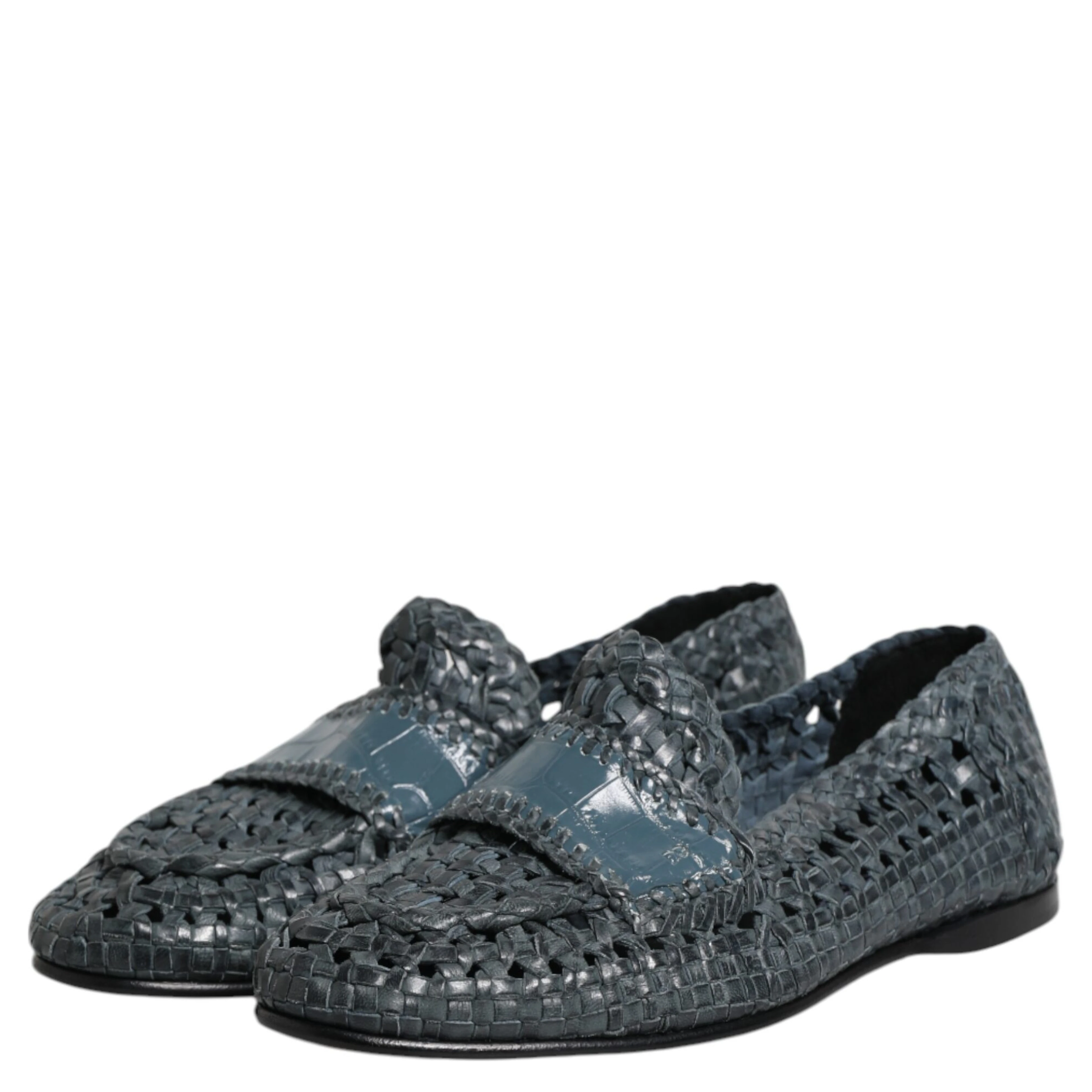 Blue Woven Leather Slip On Loafers Shoes