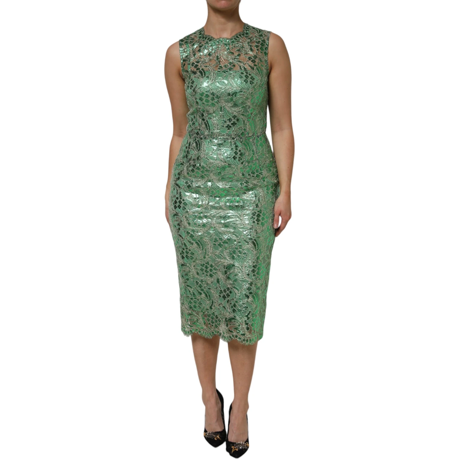 Green Cotton Floral Lace Sheath Midi Dress