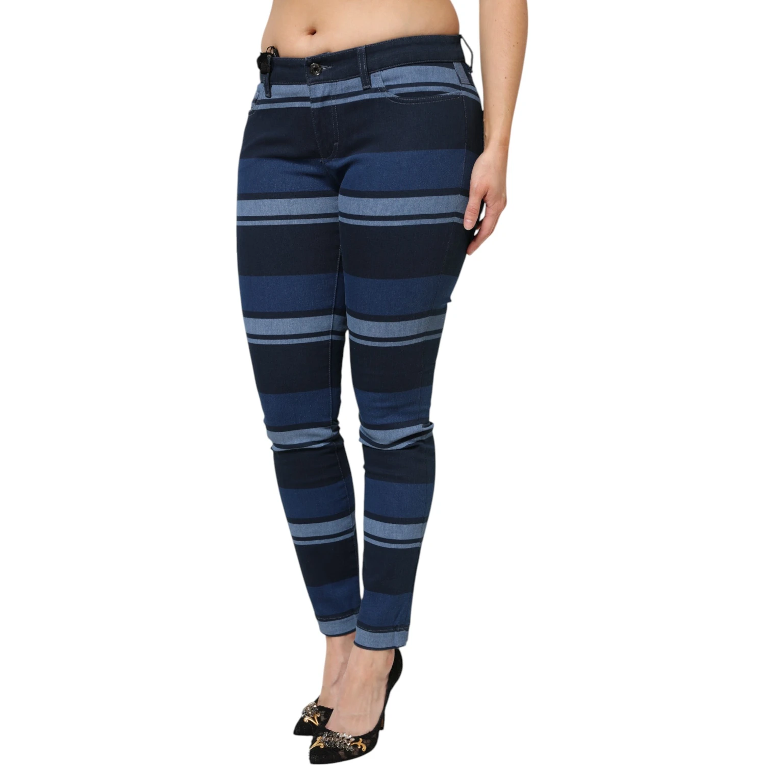 Blue Striped Cotton Stretch Denim Jeans