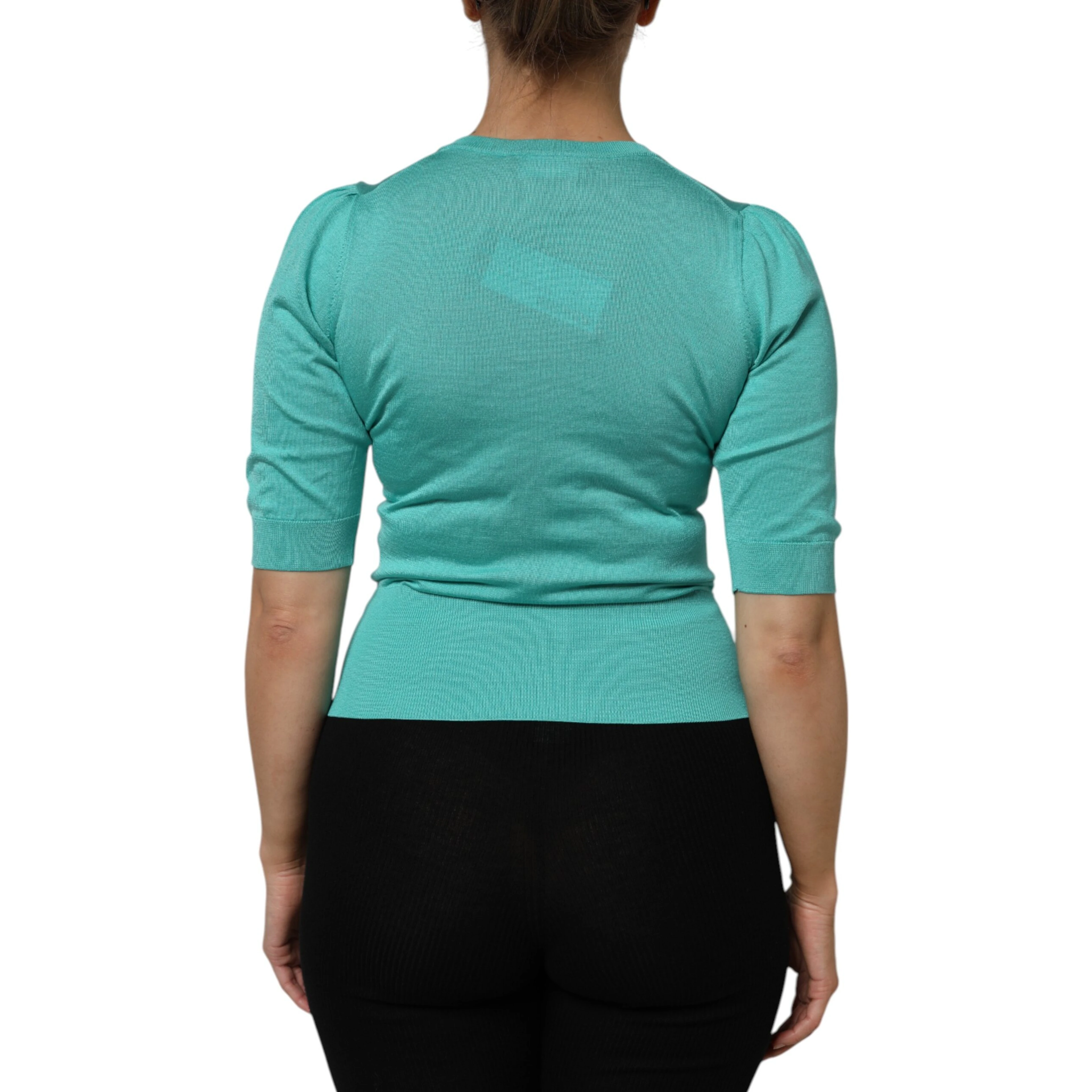 Aqua Blue Silk Short Sleeves Square Neck Top
