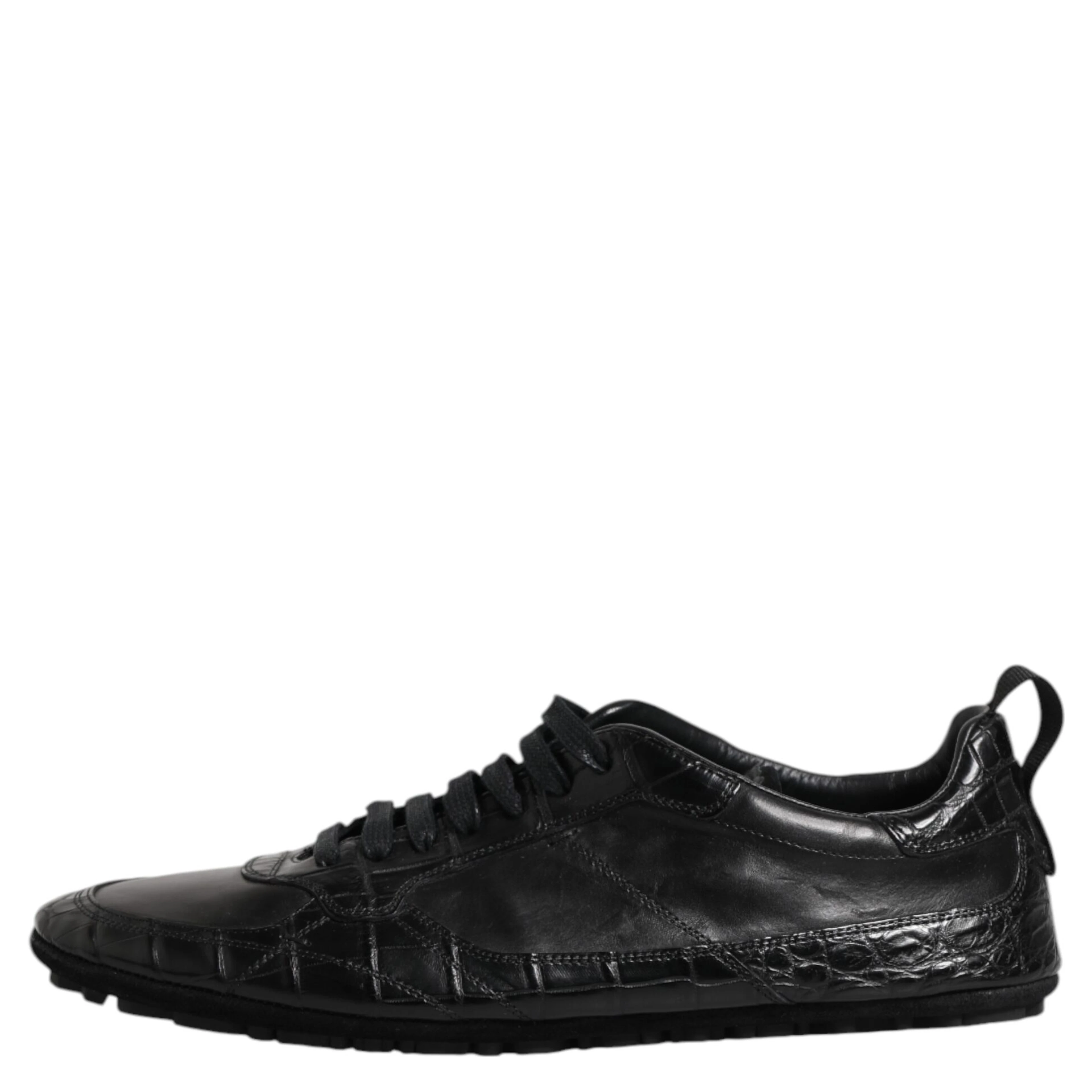 Black Exotic Leather Low Top Sneakers Shoes