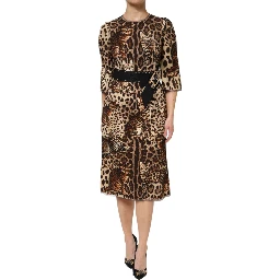 Brown Leopard Print Belted A-line Midi Dress