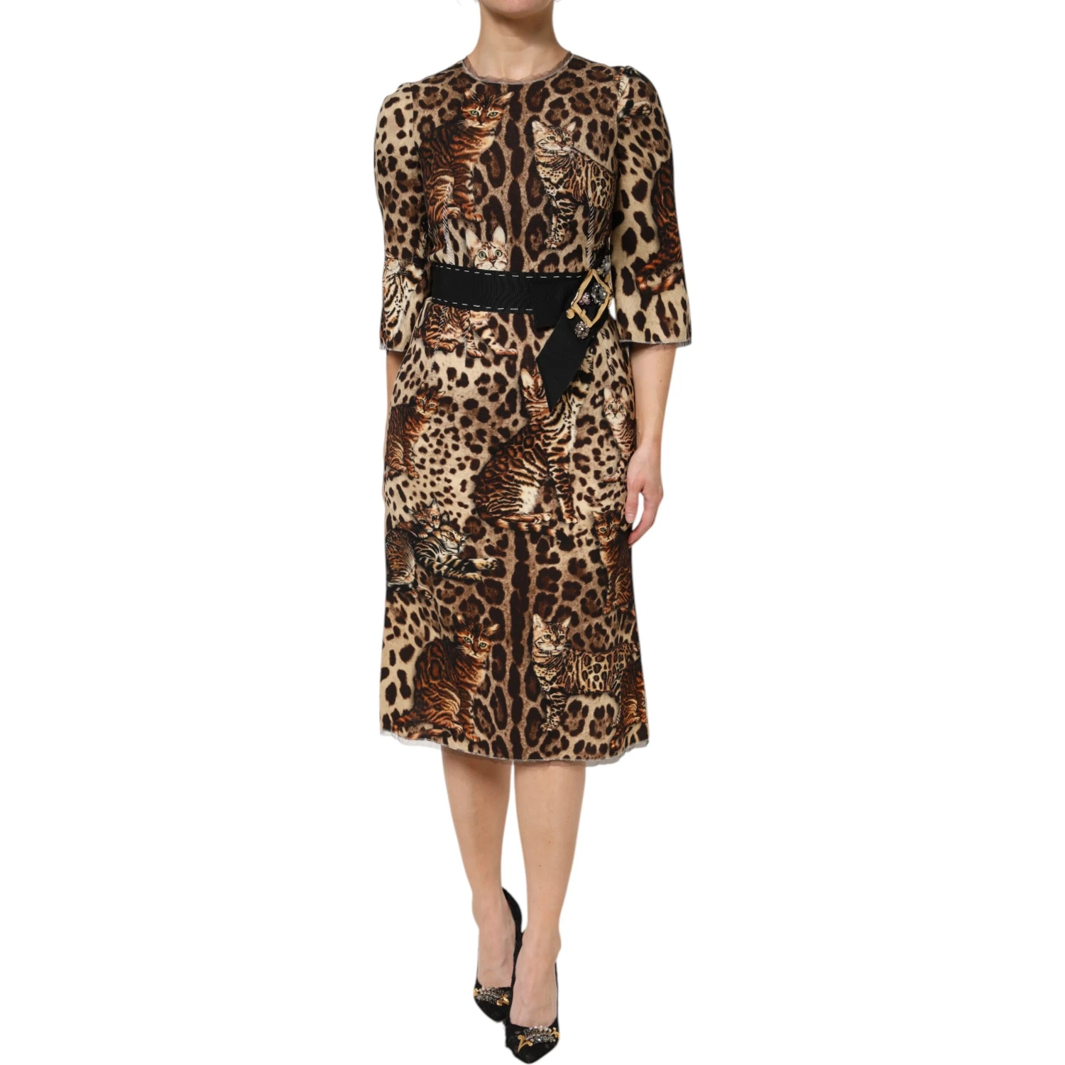Brown Leopard Print Belted A-line Midi Dress