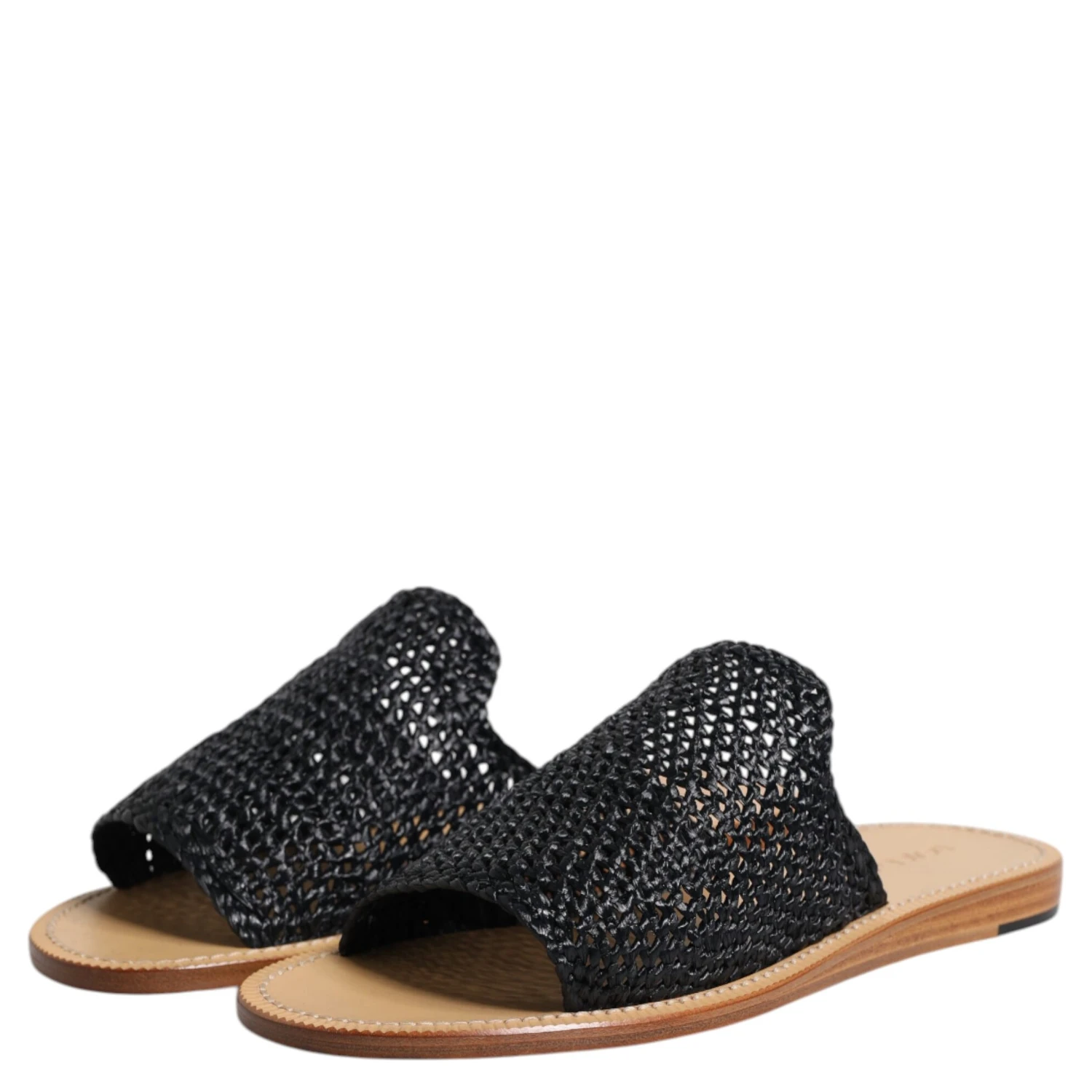 Black Monochrome Braided Raffia Slides Shoes