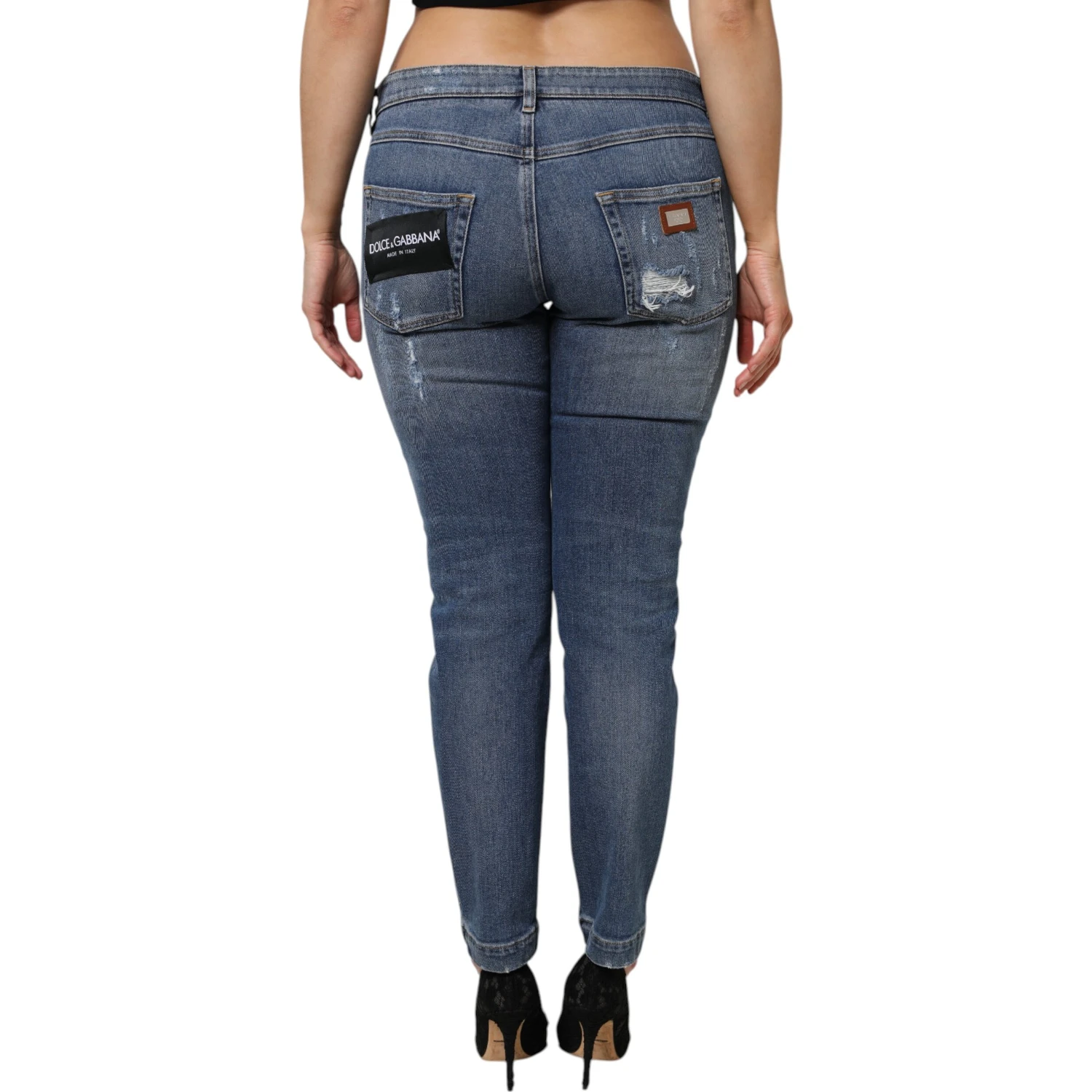 Blue Tattered Cotton Low Waist Denim Jeans