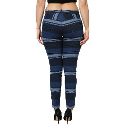 Blue Striped Cotton Stretch Denim Jeans