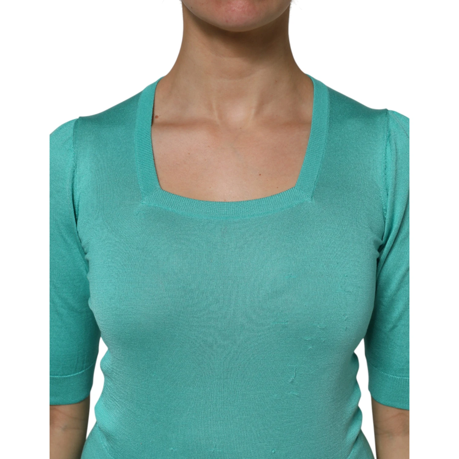 Aqua Blue Silk Short Sleeves Square Neck Top