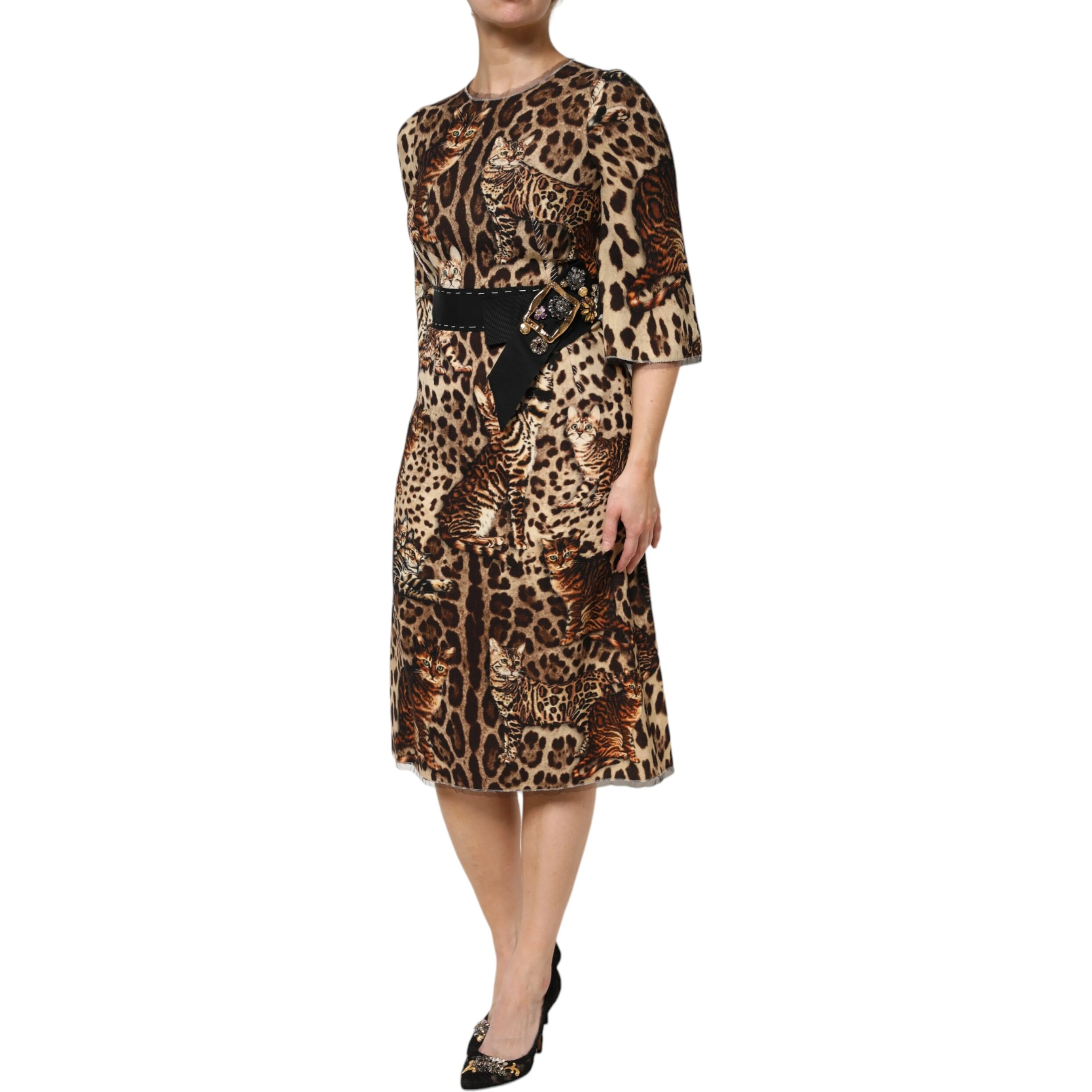 Brown Leopard Print Belted A-line Midi Dress