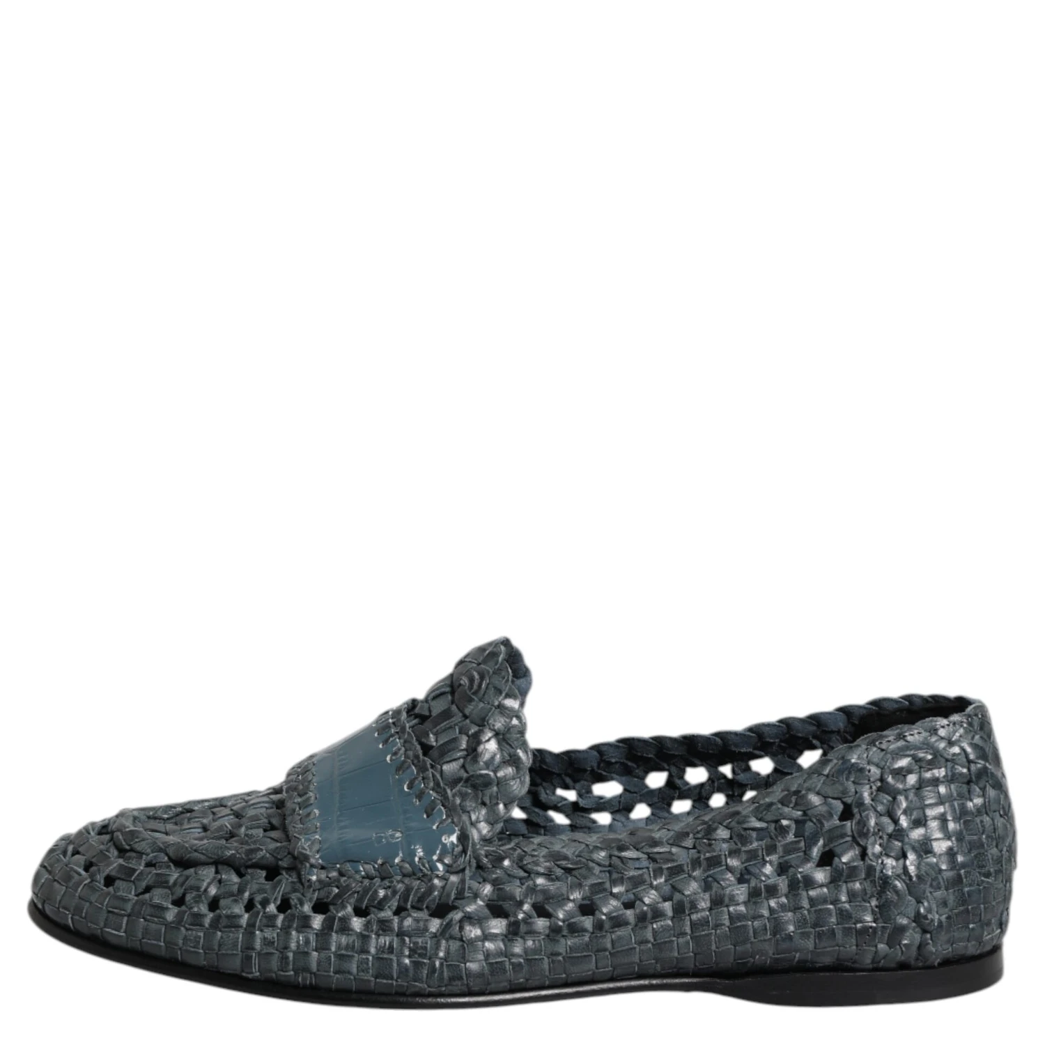 Blue Woven Leather Slip On Loafers Shoes