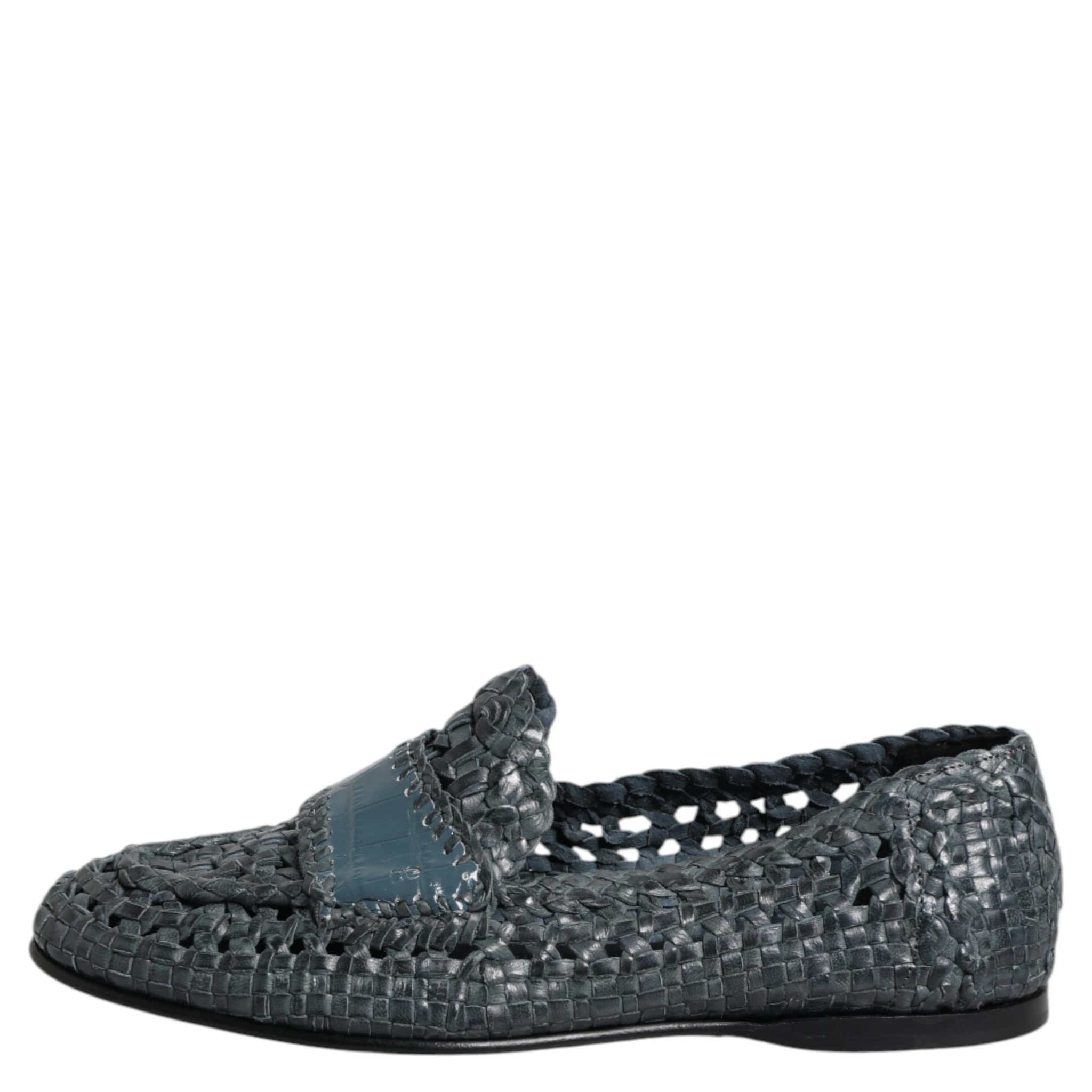 Blue Woven Leather Slip On Loafers Shoes