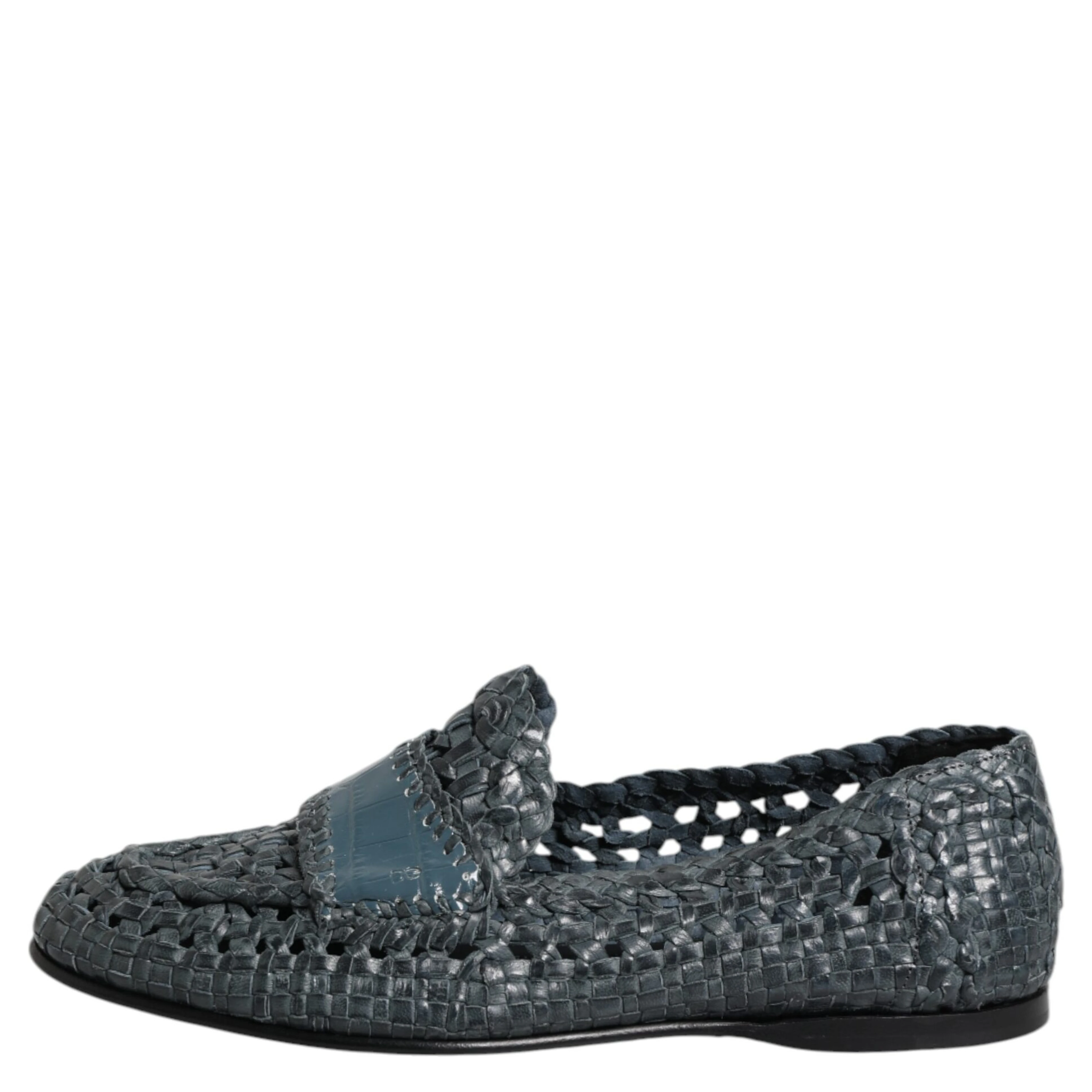 Blue Woven Leather Slip On Loafers Shoes