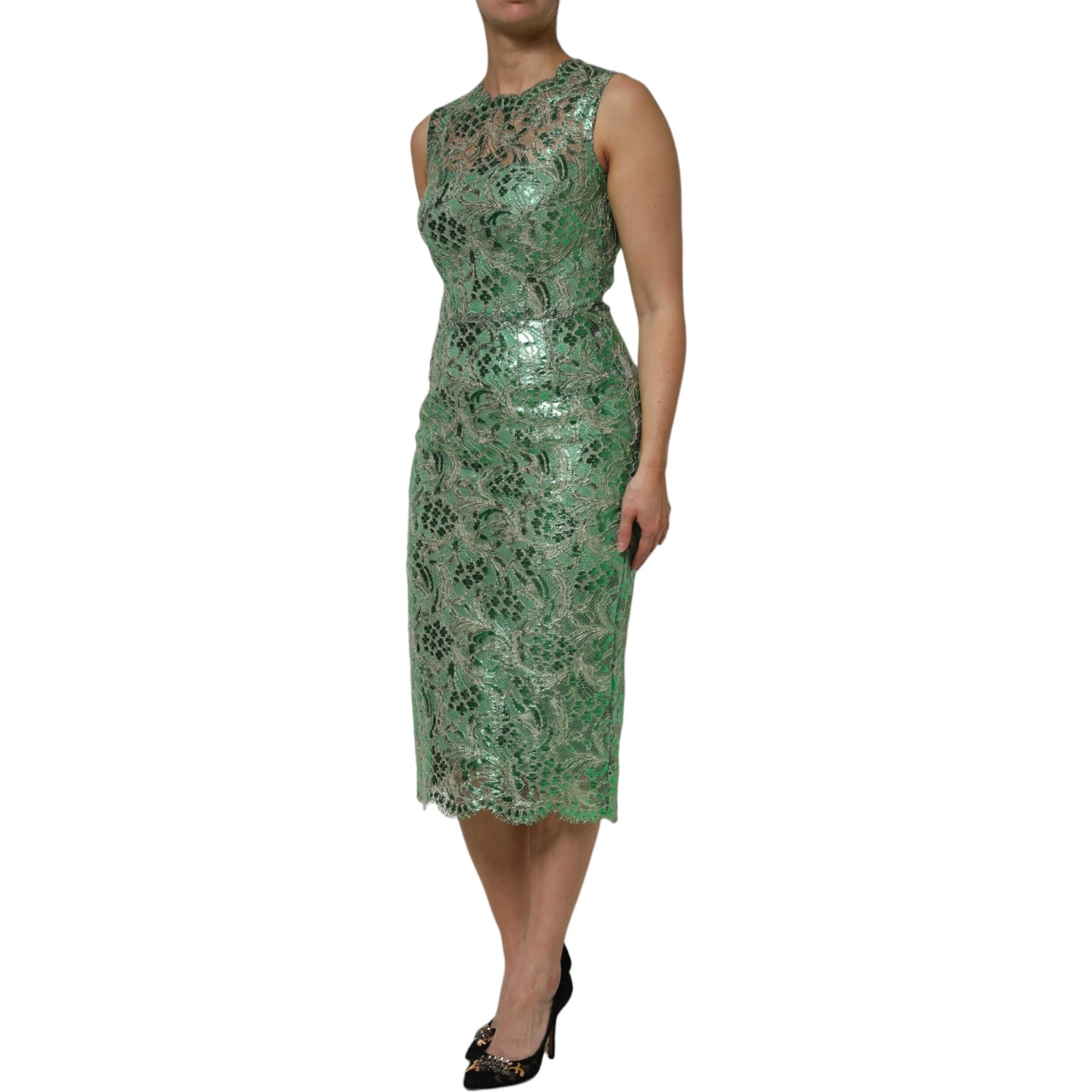 Green Cotton Floral Lace Sheath Midi Dress