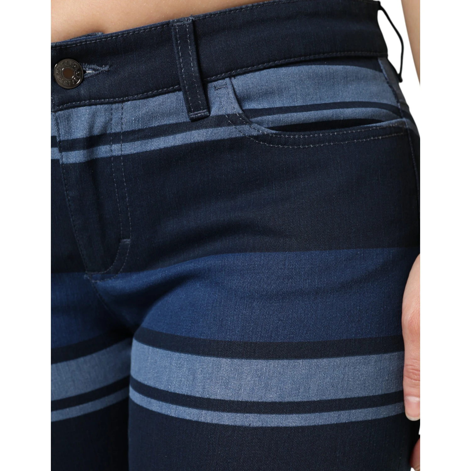 Blue Striped Cotton Stretch Denim Jeans
