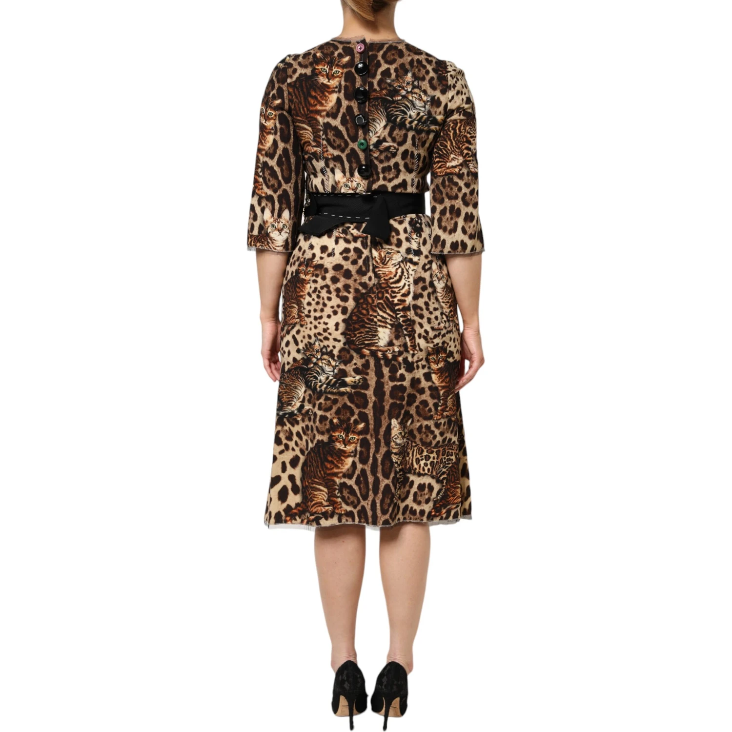 Brown Leopard Print Belted A-line Midi Dress