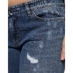 Blue Tattered Cotton Low Waist Denim Jeans