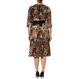 Brown Leopard Print Belted A-line Midi Dress