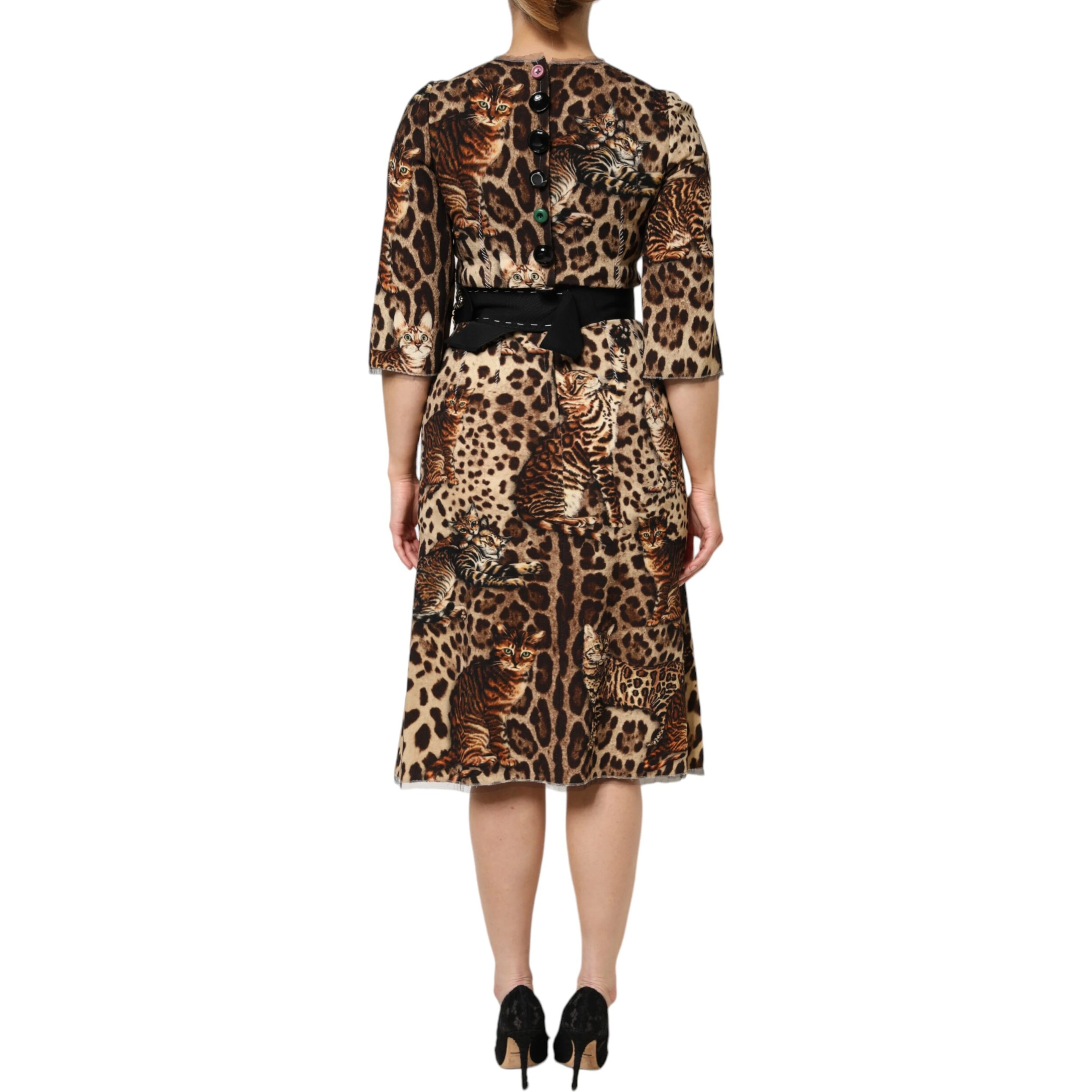Brown Leopard Print Belted A-line Midi Dress