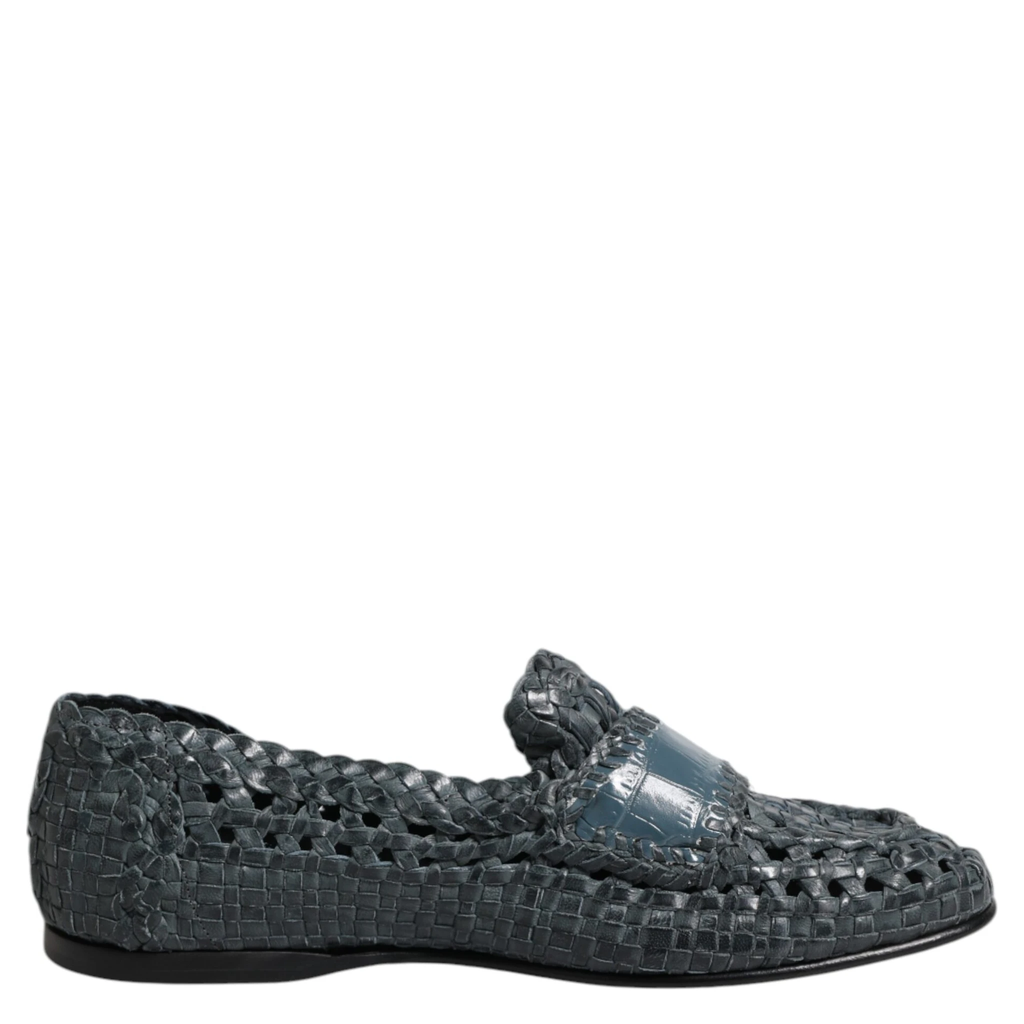 Blue Woven Leather Slip On Loafers Shoes
