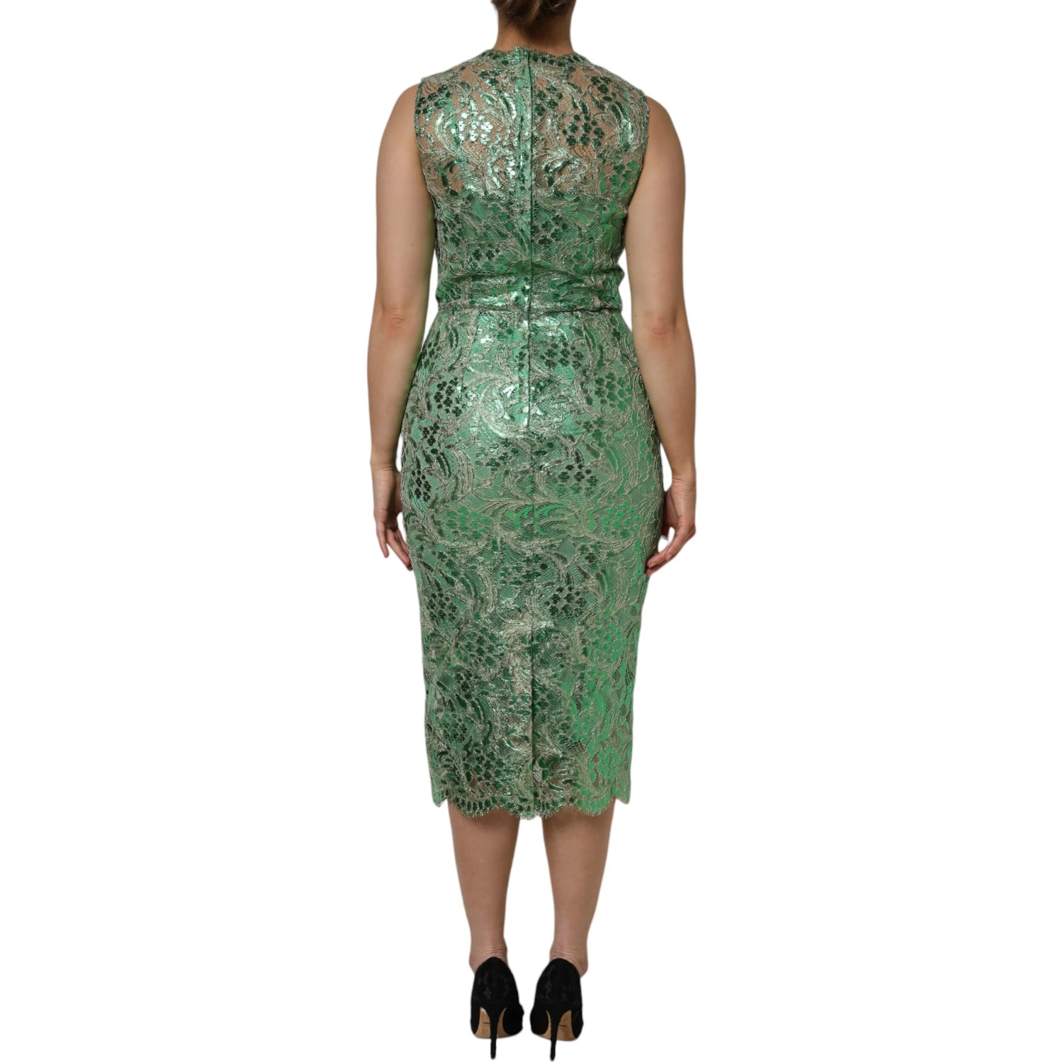 Green Cotton Floral Lace Sheath Midi Dress