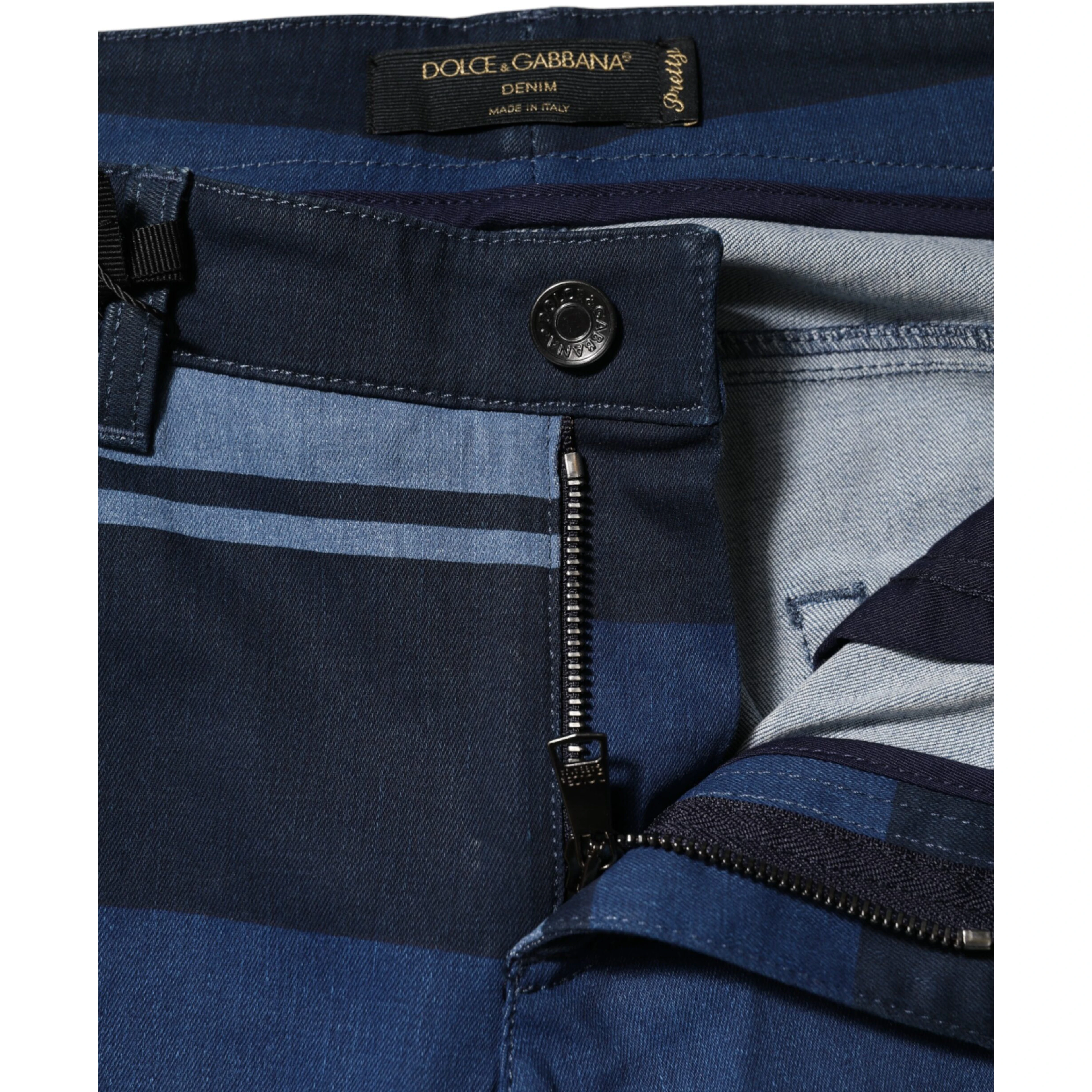 Blue Striped Cotton Stretch Denim Jeans